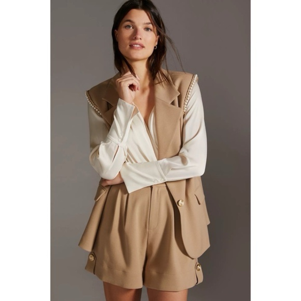 NWT Anthropologie sleeveless blazer/shorts set -embellished taupe Jovonna London